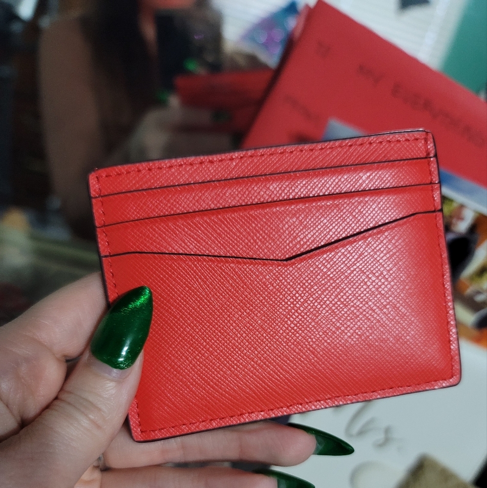 Kate Spade ♠️ Staci Small Slim Card Holder - Bright Melon Red & Silver KSNY Logo - Picture 9 of 11